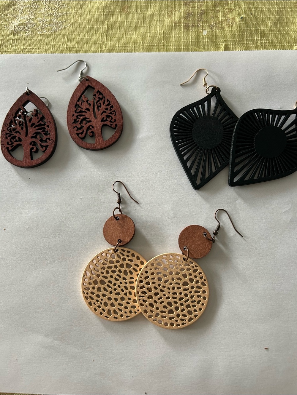 Wood Gold and Brown Black Filigree Drop Earrings - 3pair